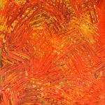 Obraz abstrakcyjny utrzymany w kolorystyce jasnych żółci i oranży.