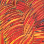 Obraz abstrakcyjny utrzymany w kolorystyce czerwieni oranży i błękitów