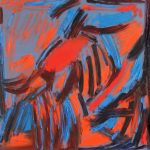 Obraz abstrakcyjny utrzymany w kolorystyce oranży i błękitów