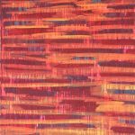 Obraz abstrakcyjny utrzymany w kolorystyce czerwieni oranży i błękitów