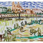 M Woszczyński, Widok miasta Wilna nad rzeką Wilją, rysunek barwnymi przecinkami koloru. Kościół św. Filipa i Jakuba góruje przy rzece.