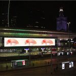 Kolorowe zdjęcie przedstawia budynek Dworca Centralnego w Warszawie nocą. W miejscu ogromnych billboardów reklamowych widać fragmenty animacji krytykującej hodowlę przemysłową zwierząt.