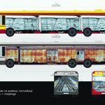 Makiety dwóch autobusów miejskich z nadrukiem wagonów towarowych na bocznych ścianach oraz nadrukiem torowisk kolejowych na tylnych ścianach.