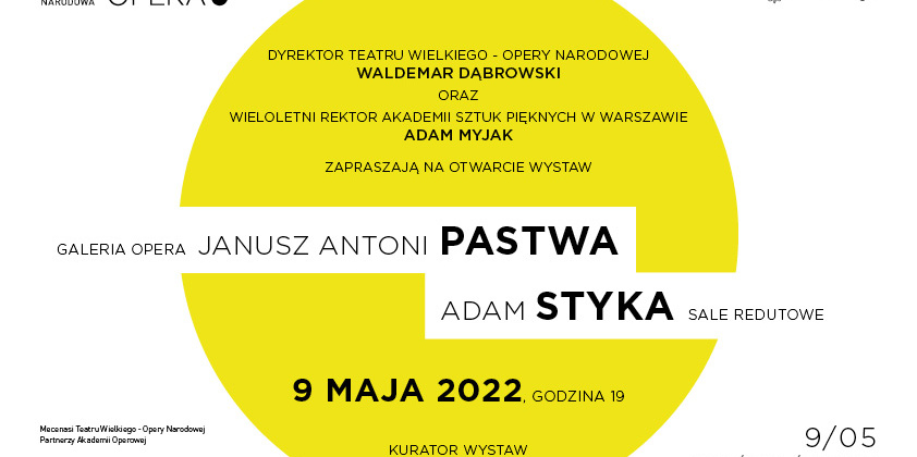 plik graficzny przestawiający zaproszenie na wysawę prof pastwy i styki. sa rózne luga na białaym tle z żółtym kołem na srodku