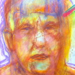 ekspresyjny portret wykonany pastelą. Gama oranżów pełna światła miesza się z błekitami