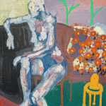 Obraz olejny Nikodema Gąsowskiego przedstawiający akt siedzący na krześle. Malarstwo jest wykonane z gestu, czystą plamą z dużym uproszczeniem.