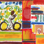 Podwójny kolorowy pejzaż z drogą i plażą, rowerzystami i drzewami
