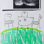 SJESTA, rysunek - krzesła, stół, fotografia czarno-biała przedstawiająca zbroję, surrealistycznie