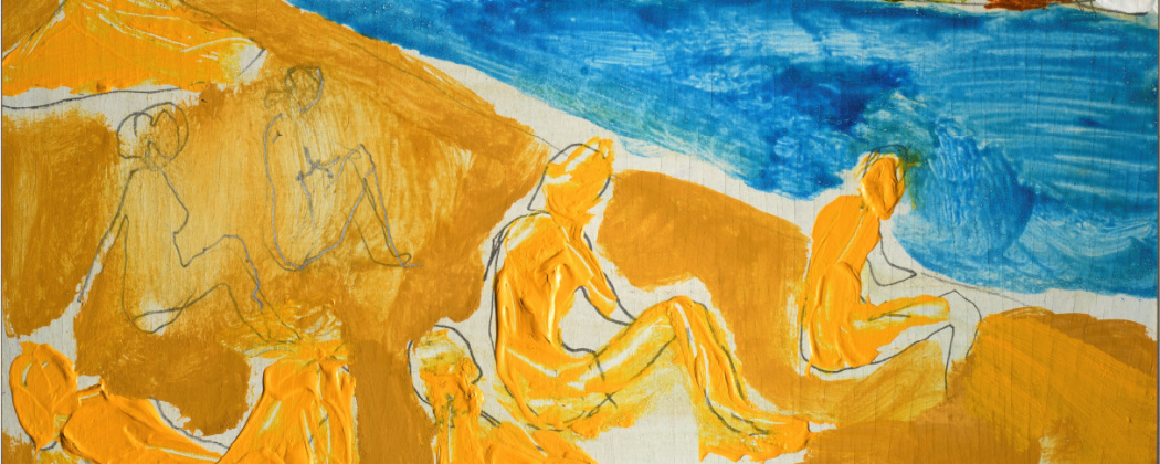 Obraz przedstawia sylwety postaci, zasysowanych delikatnym konturem siedzące na plaży plaży